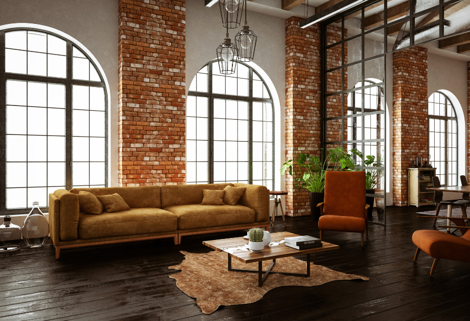 living room with dark flooring and bold colored furniture